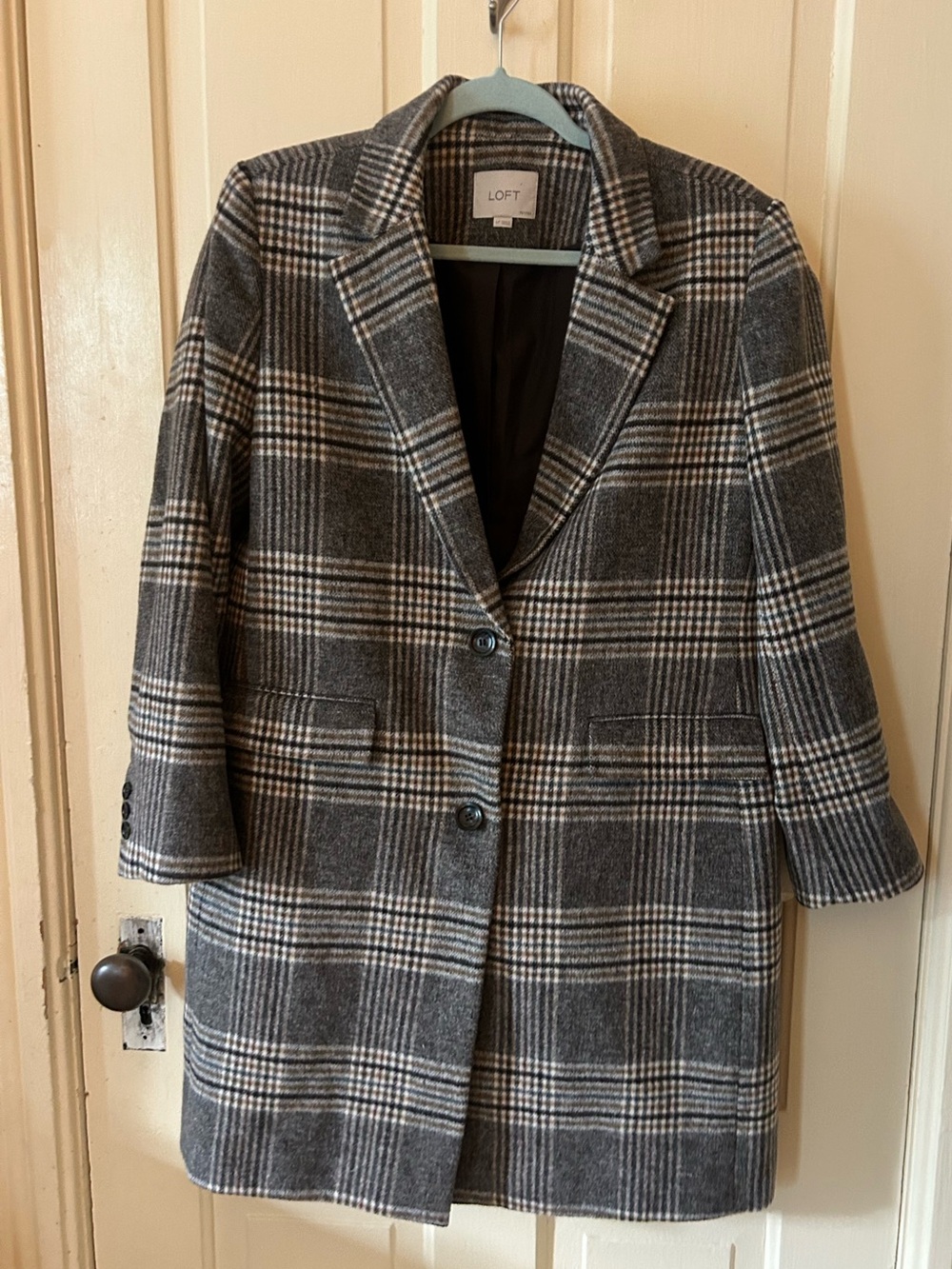 Ann Taylor LOFT Charcoal and Ivory Plaid Wool-Blend Pea Coat petites L